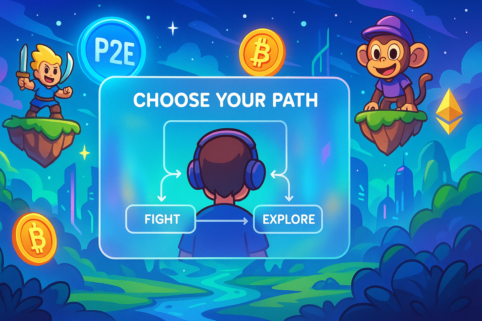 A cartoon-style adventurer with a confident stance, holding a glowing digital map, stepping onto a vibrant, futuristic landscape that seamlessly blends gaming elements with blockchain technology. Glassmorphism UI elements float around them, showing stats and opportunities. The path ahead is clear and inviting.