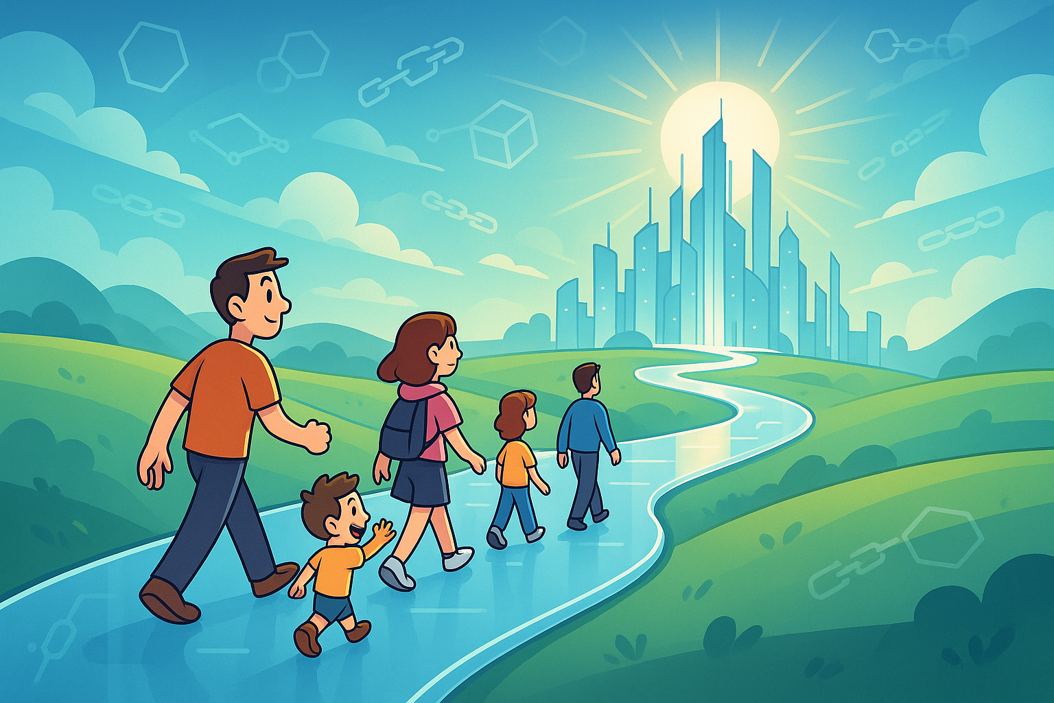 A winding, illuminated glassmorphism pathway stretching towards a bright, futuristic city on the horizon, symbolizing a safe and prosperous future in crypto gaming. Cartoon-style characters are confidently walking on the path.