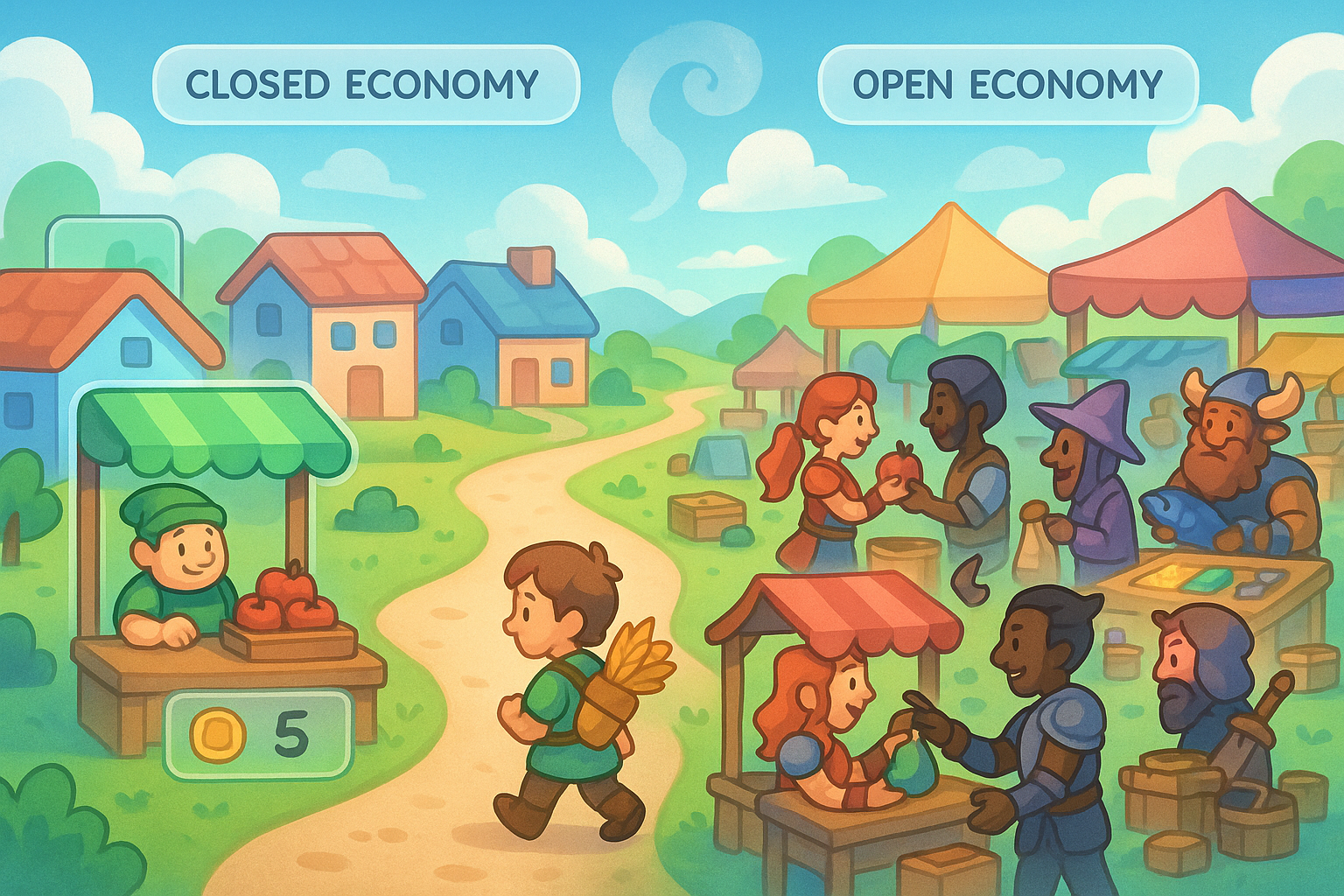 A whimsical landscape illustrating different types of in-game economies. On one side, a structured, cartoon-like town with NPC vendors and fixed prices, representing a closed economy. On the other, a bustling marketplace with various player avatars trading goods, representing an open economy, all within a glassmorphism style.