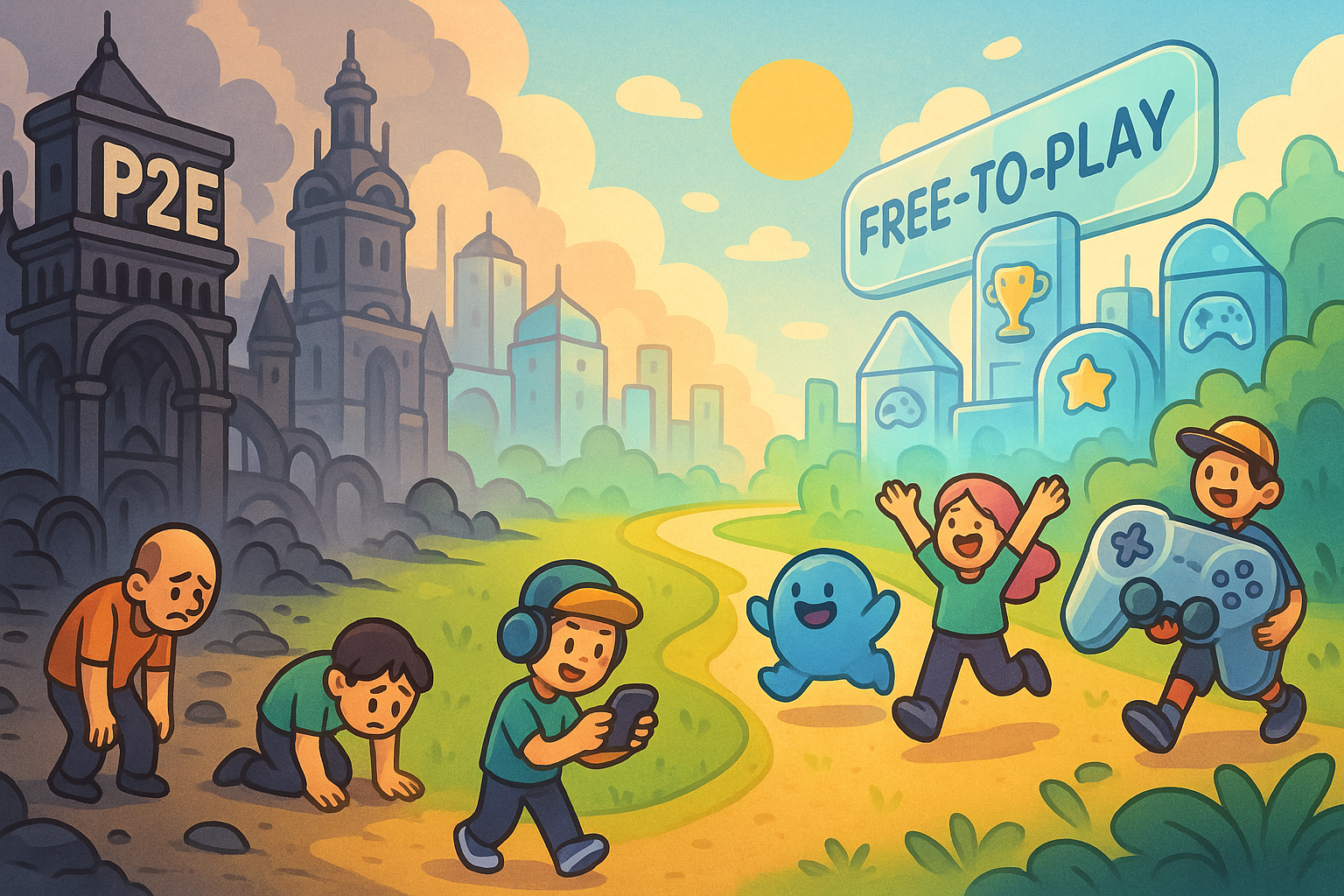 A whimsical landscape illustrating the evolution of P2E gaming, with early high-cost game structures on one side and a path leading to more accessible, free-to-play options on the other, featuring small, joyful characters playing various games. The style is a mix of glassmorphism and cartoon illustration, with bright, inviting colors.
