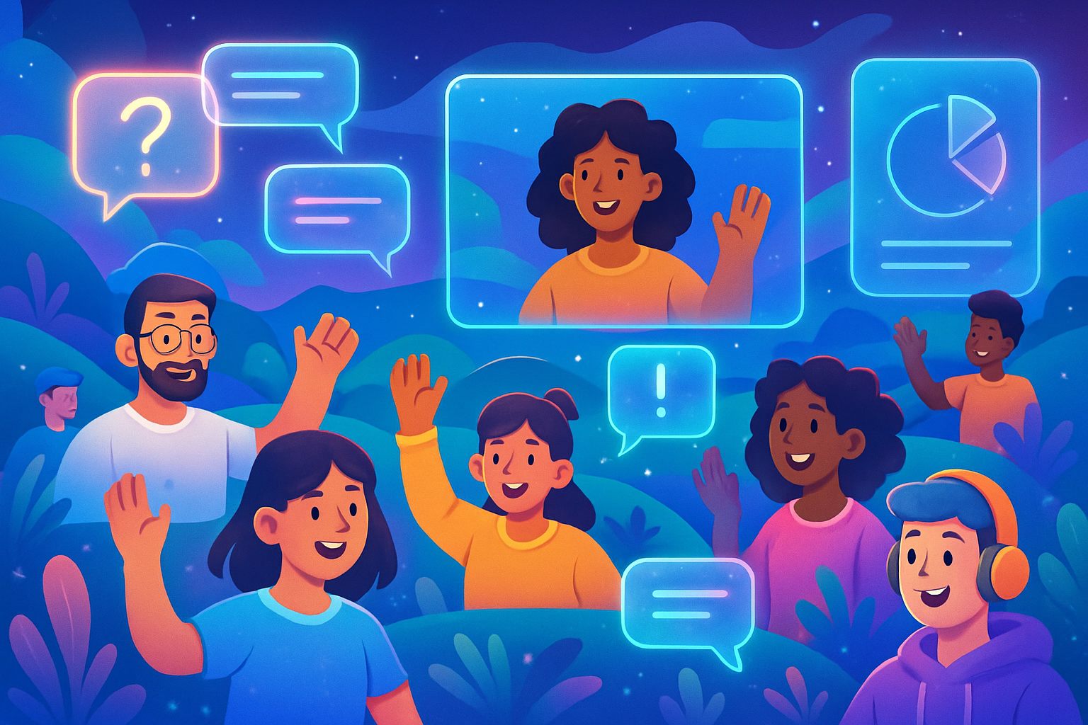 A lively virtual event scene with diverse digital avatars interacting in a colorful, energetic landscape environment. Glowing chat bubbles and holographic screens are present, with a mix of glassmorphism and cartoon illustration.