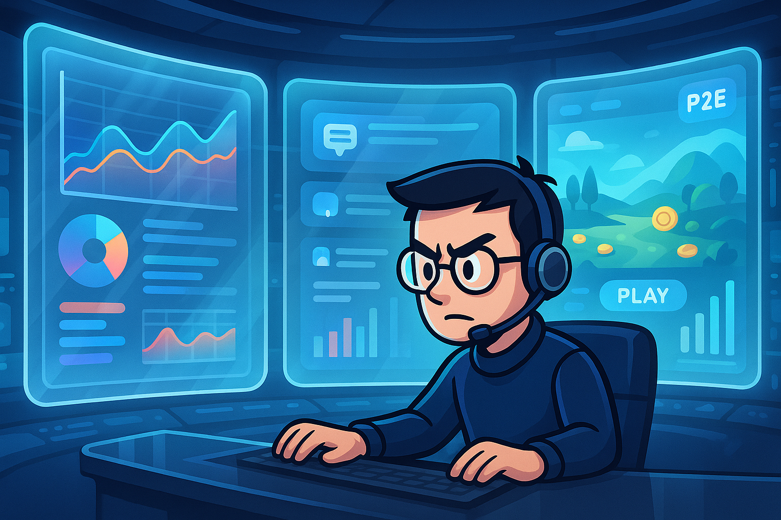 A futuristic control room filled with holographic screens displaying charts, data, and social media feeds, symbolizing thorough research. A focused cartoon character at the center, surrounded by elements of glassmorphism, meticulously analyzing information about P2E games.