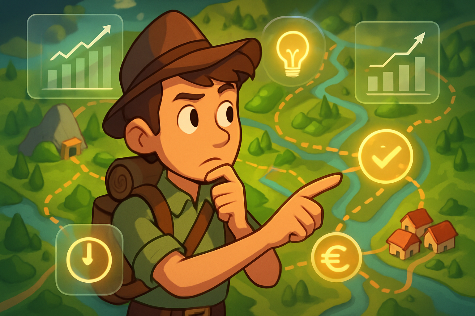 A stylized cartoon player character strategically navigating a complex game world map, overlaid with transparent glassmorphism economic graphs and symbols indicating smart decisions, efficient resource gathering paths, and successful trading opportunities. The landscape emphasizes strategic advantage and time efficiency.
