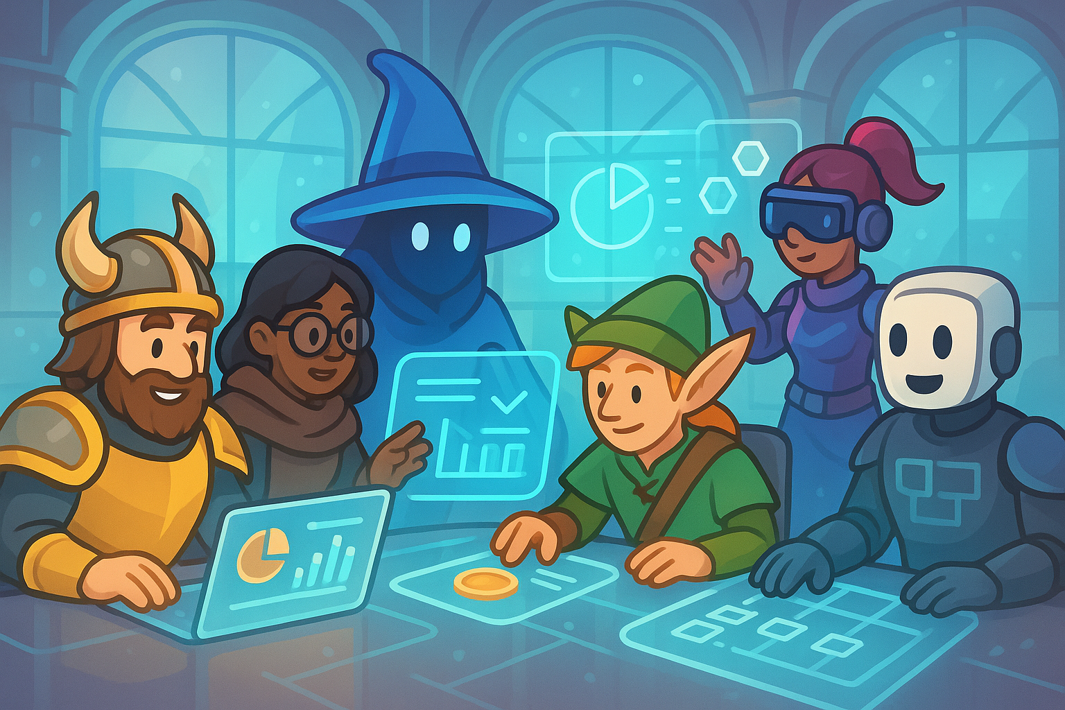 A diverse group of stylized game characters or digital avatars, representing different roles, working collaboratively in a futuristic guild hall or DAO hub. The landscape image combines glassmorphism and cartoon illustration styles, emphasizing teamwork and shared digital assets.