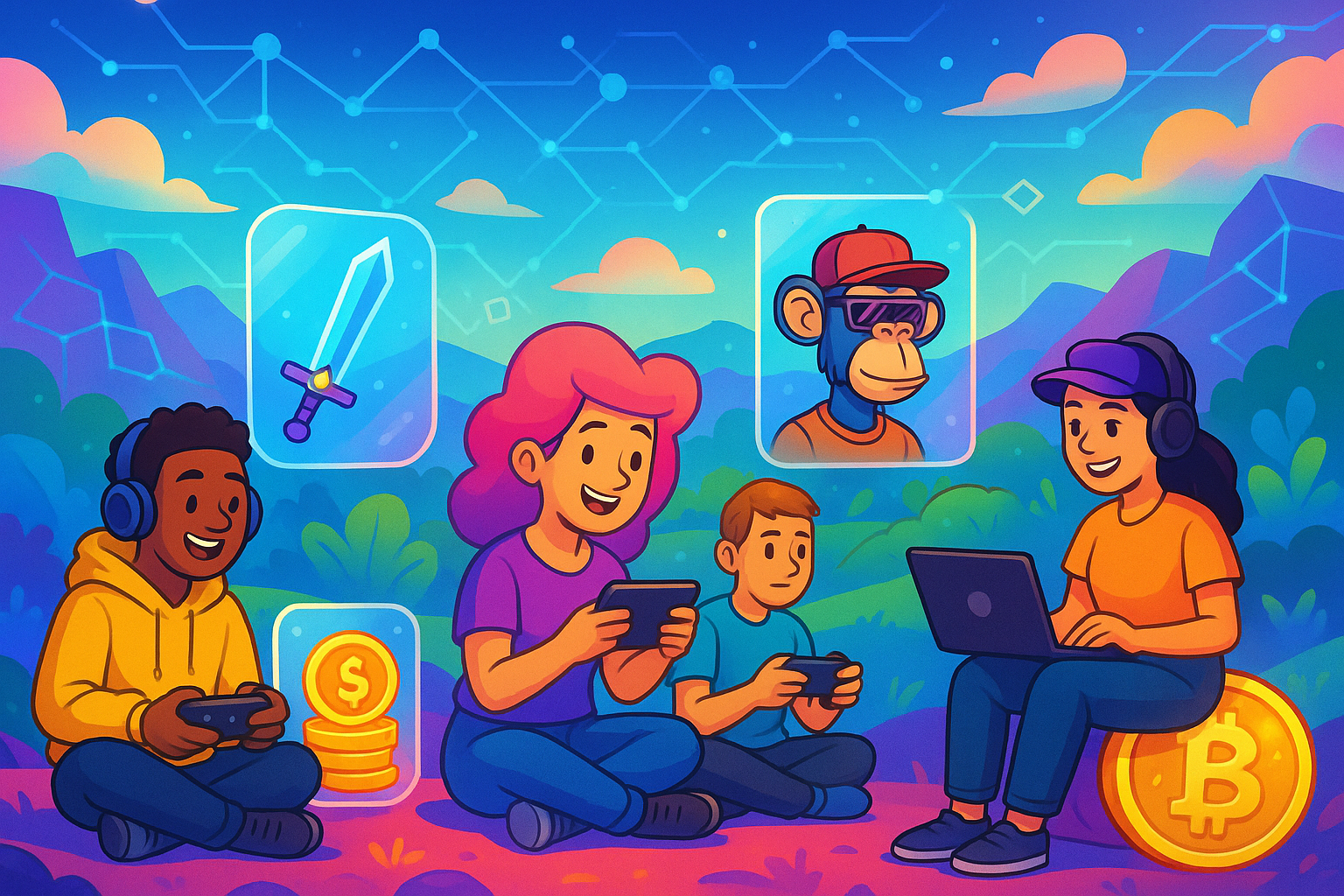 A cartoon illustration of diverse gamers from different backgrounds playing various blockchain games, with glowing digital assets like swords, coins, and characters floating around them, representing the play-to-earn concept. The scene is set in a vibrant, futuristic landscape with glassmorphism elements, emphasizing community and digital value.
