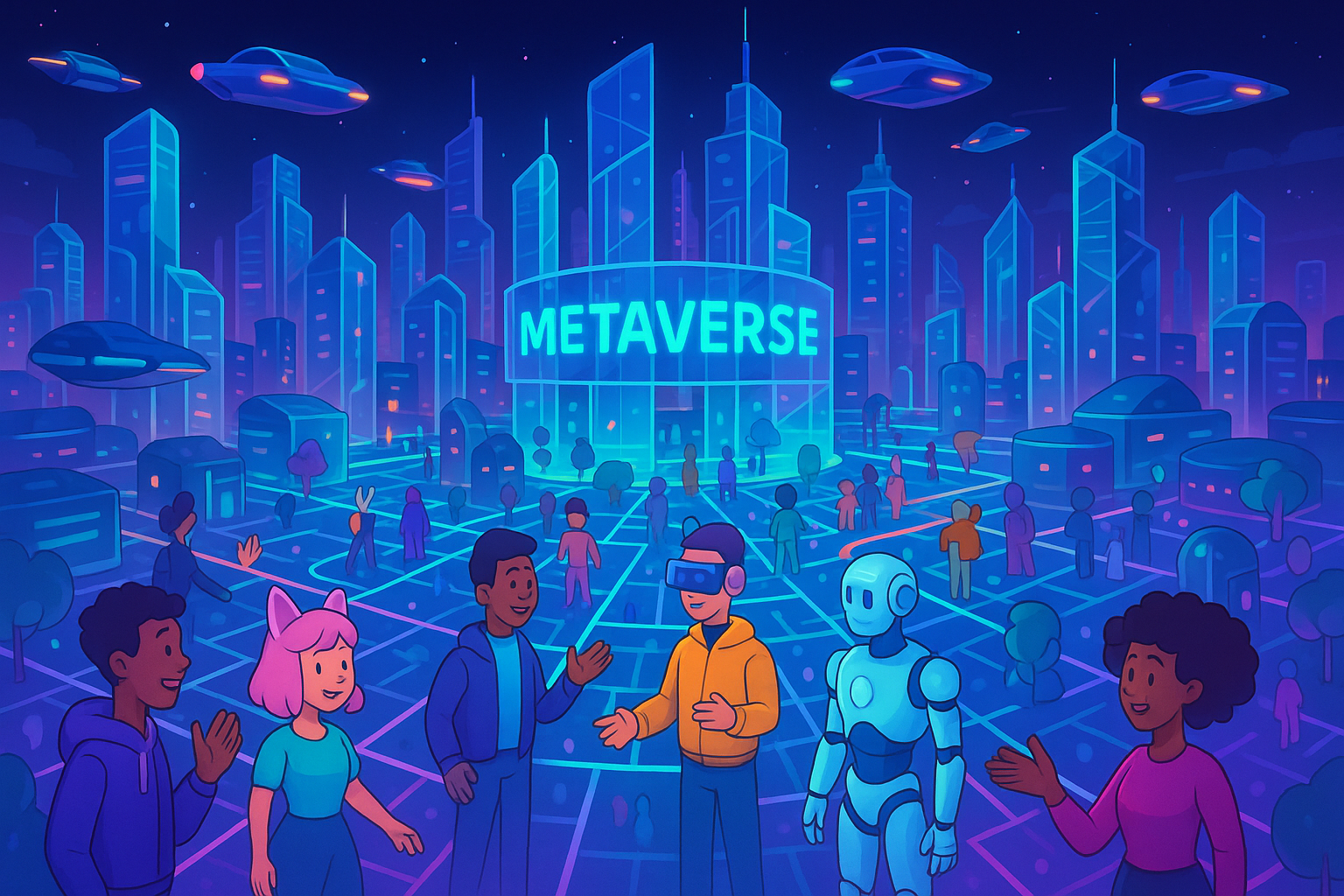 A vast, interconnected digital metropolis representing the Metaverse, with flying vehicles and diverse digital avatars interacting, all rendered in glassmorphism and cartoon style, within a futuristic landscape.