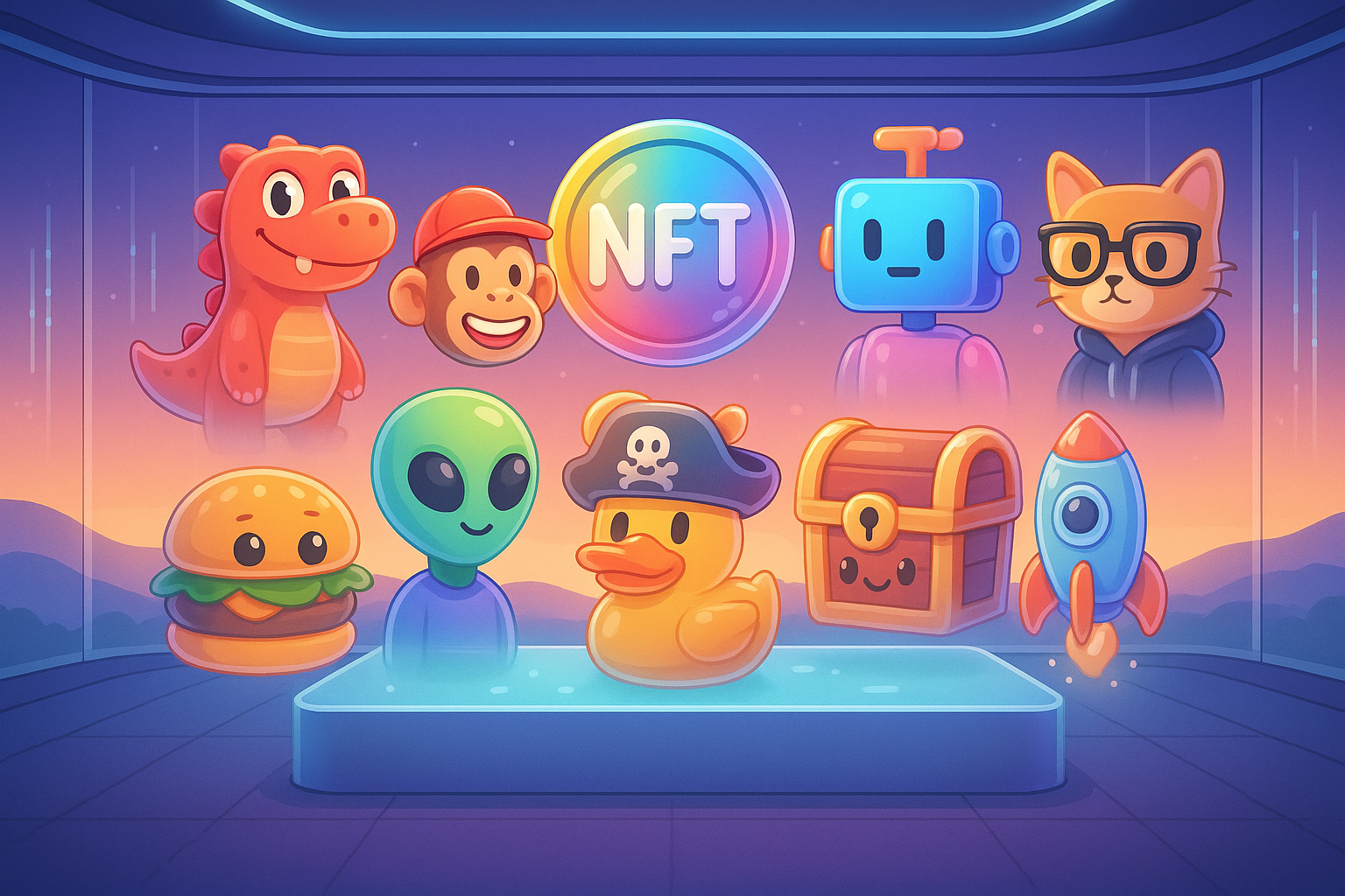 A vibrant collection of diverse NFT characters and items, each unique and stylized with glassmorphism and cartoon elements, arranged on a digital pedestal in a futuristic gallery landscape.