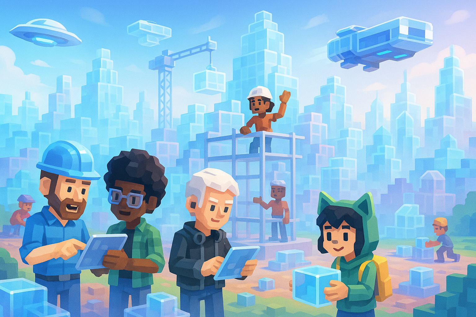 A futuristic, wide-angle landscape depicting The Sandbox metaverse evolving, with new glassmorphism-style voxel structures under construction, flying vehicles, and diverse cartoon avatars collaborating on shared projects, symbolizing growth and innovation.